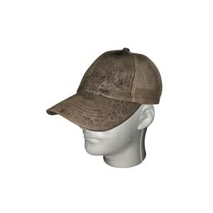 C.C Exclusive Criss Cross Ponytail Trucker Hat Brown Snakeskin Print Mesh Back